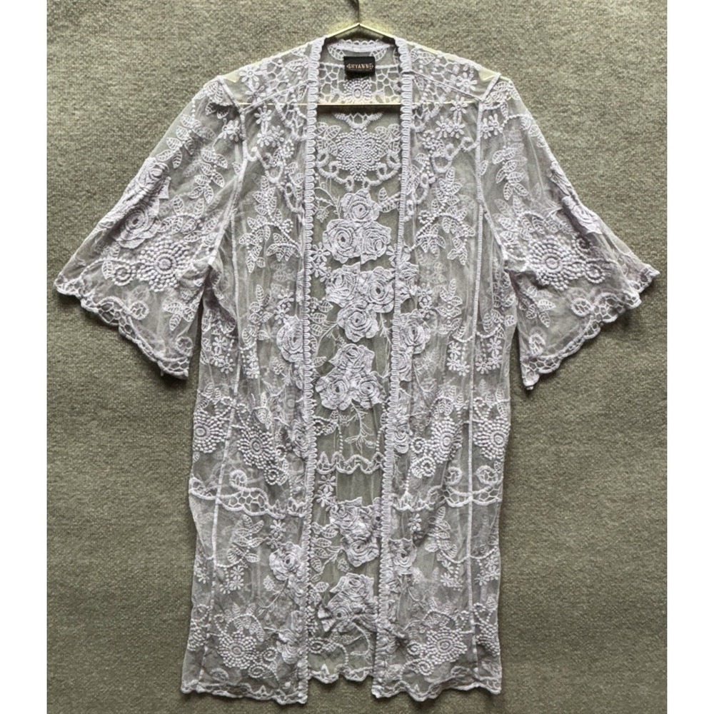 Shyanne Purple Lace Sheer Embroidered Floral Duster Cardigan Kimono Top One Size